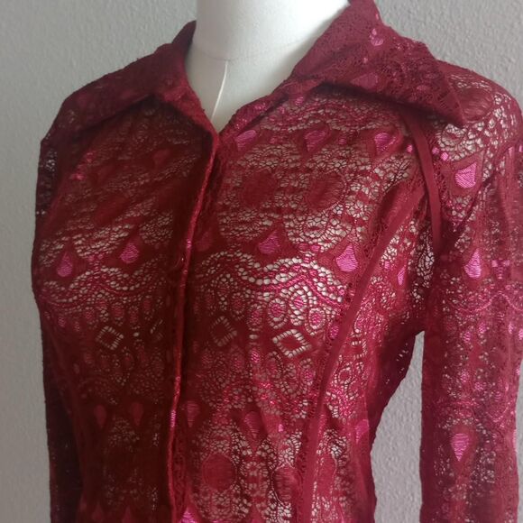 Y2K Red Sheer Flared Lace Ann Ferriday Blouse - Picture 3 of 4